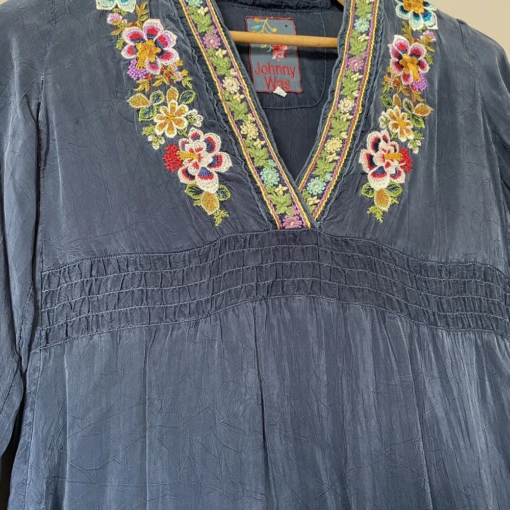 Johnny Was Navy Embroidered Dress Long Sleeve V‎ Neck Women's Size XS